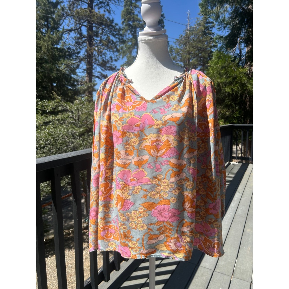 VICI Dolls Retro 70s Floral Balloon Sleeve Boho Blouse Pink Orange Large